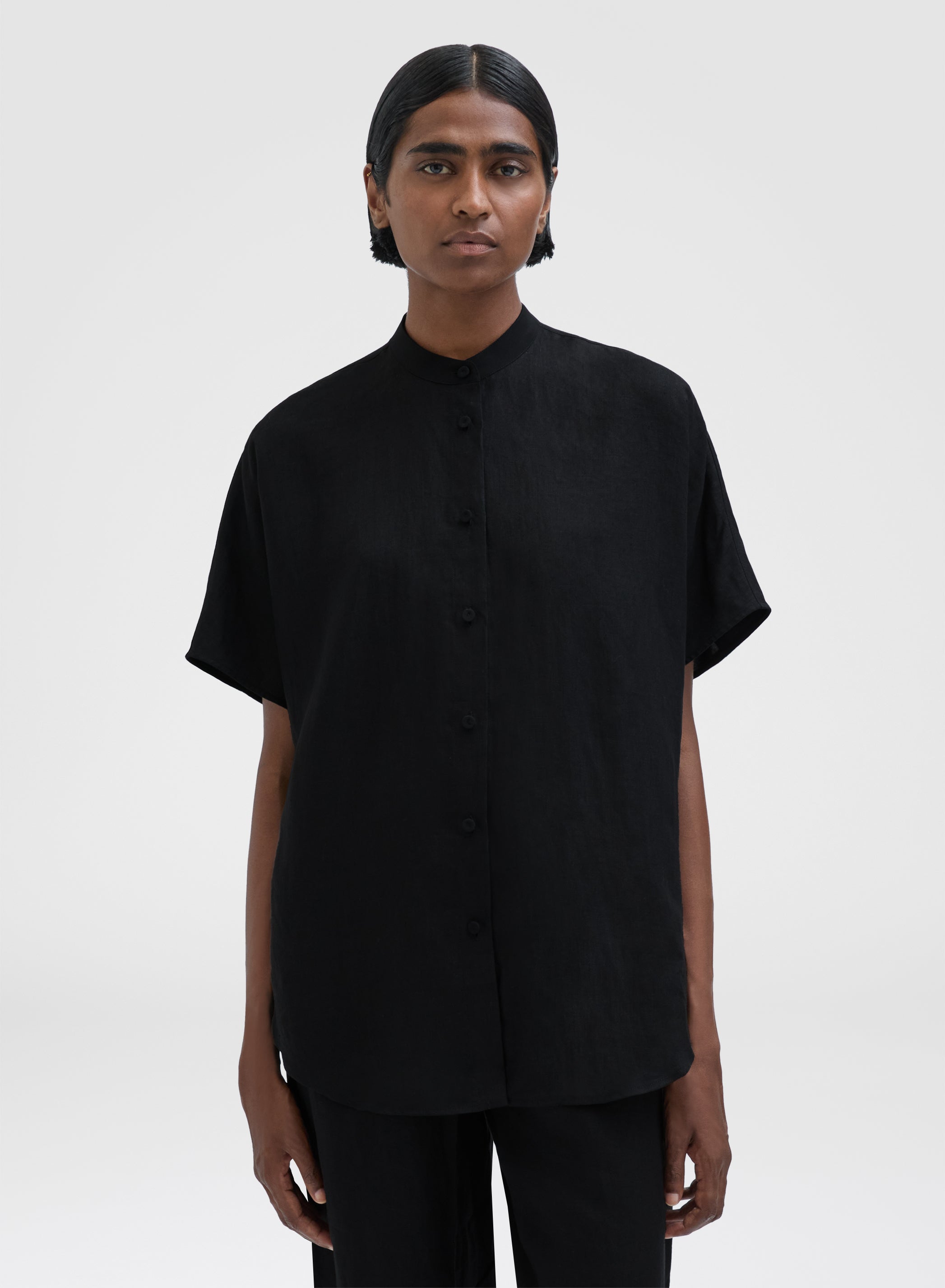 LIGHT LINEN GURU COLLAR SHIRT BLACK